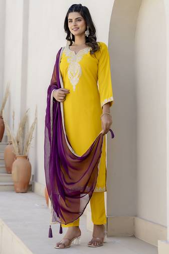 Yellow women kurta pant dupatta set