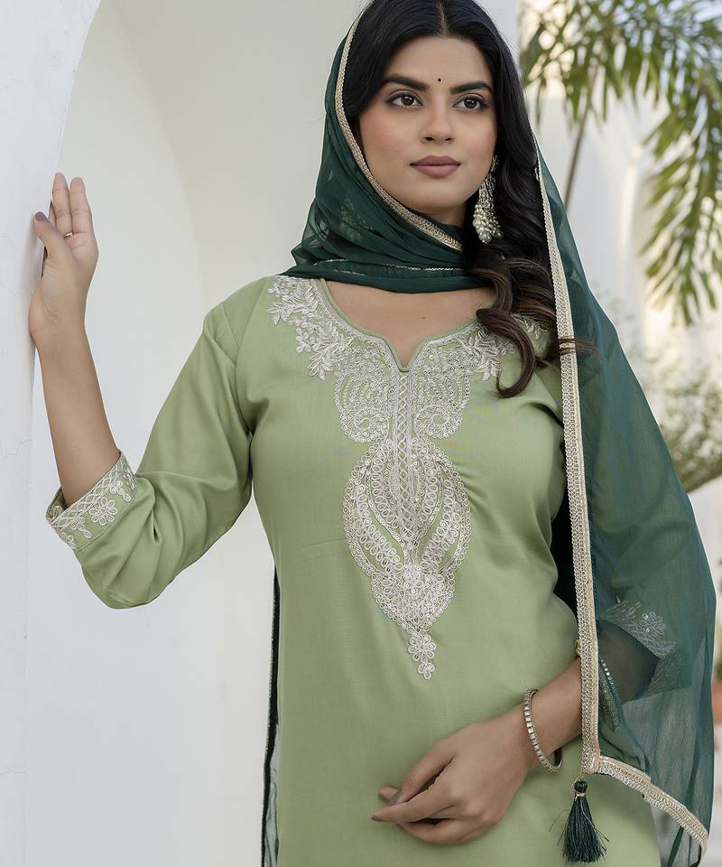 Light green women kurta pant dupatta set