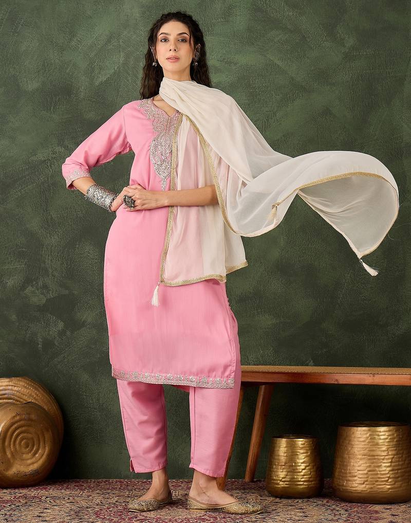 Pink women kurta pant dupatta set