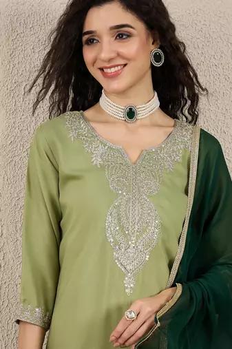 Light green women kurta pant dupatta set