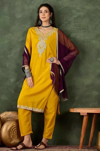 Yellow women kurta pant dupatta set