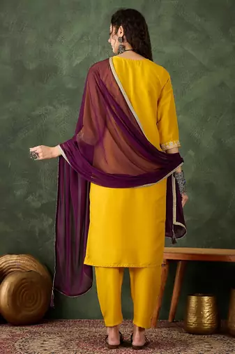 Yellow women kurta pant dupatta set