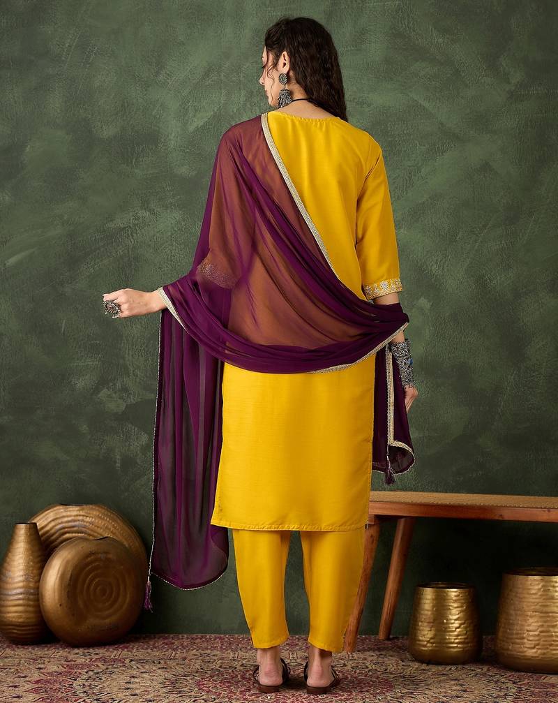 Yellow women kurta pant dupatta set
