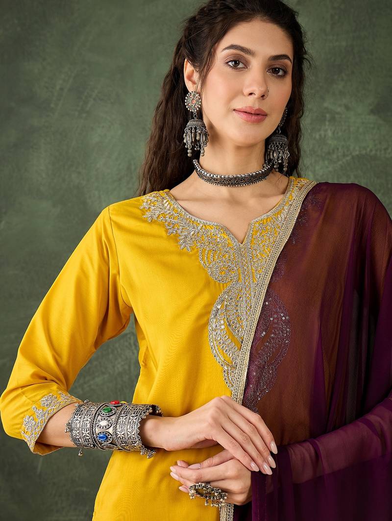 Yellow women kurta pant dupatta set