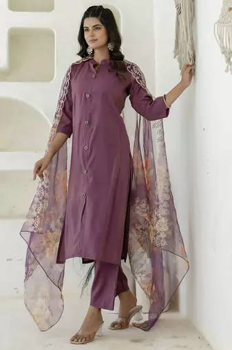 Purple women kurta pant dupatta set