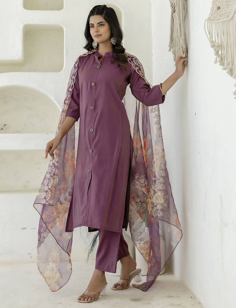Purple women kurta pant dupatta set