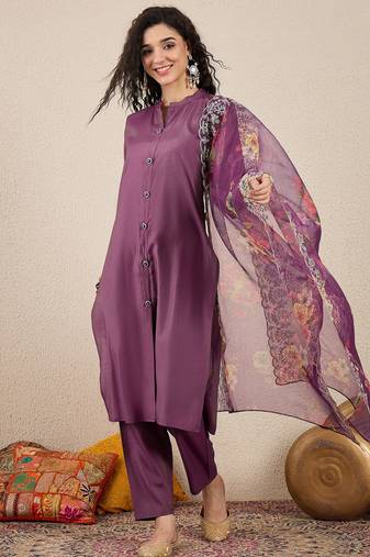 Purple women kurta pant dupatta set