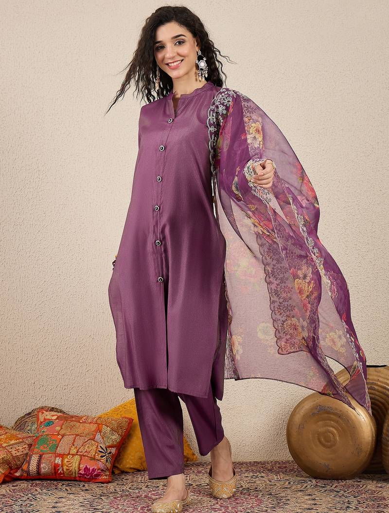 Purple women kurta pant dupatta set