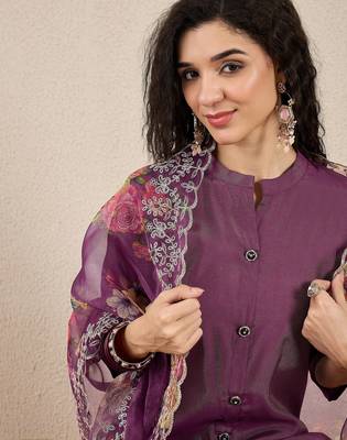 Purple women kurta pant dupatta set 3