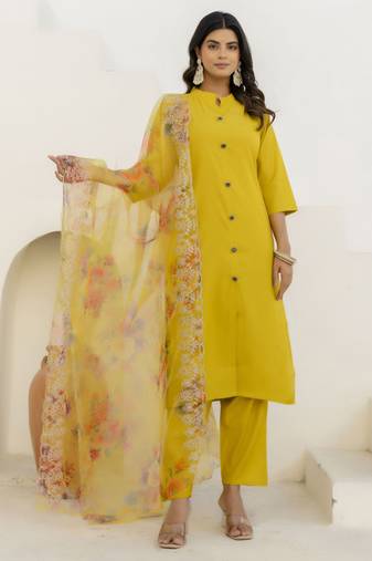 Yellow women kurta pant dupatta set