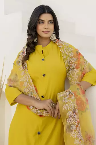 Yellow women kurta pant dupatta set