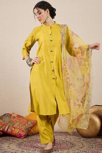 Yellow women kurta pant dupatta set