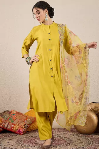 Yellow women kurta pant dupatta set