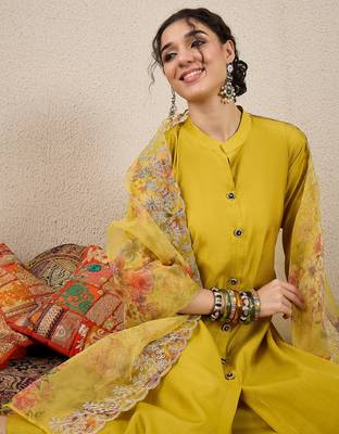 Yellow women kurta pant dupatta set 3