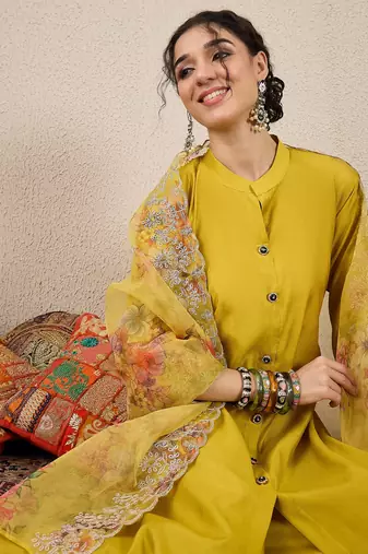 Yellow women kurta pant dupatta set