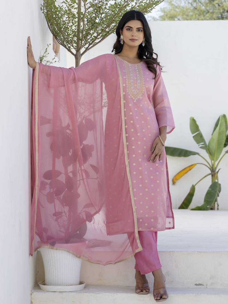 Pink women kurta pant dupatta set