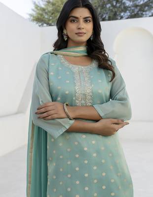Light green women kurta pant dupatta set 3