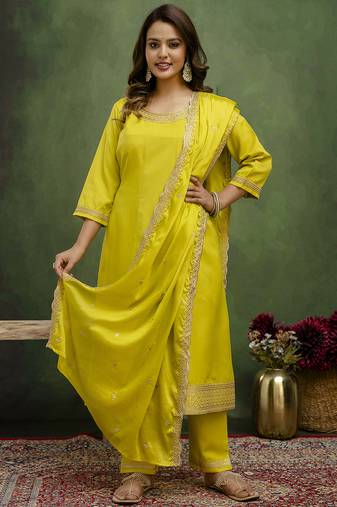 Yellow women kurta pant dupatta set