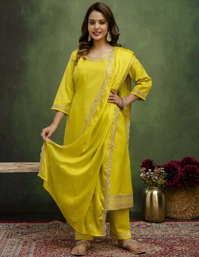 Yellow women kurta pant dupatta set