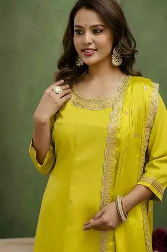 Yellow women kurta pant dupatta set