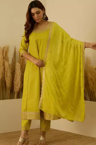 Yellow women kurta pant dupatta set