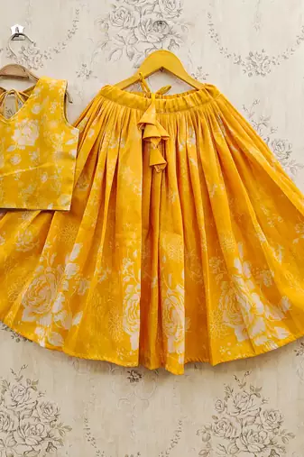 Yellow art silk woven kids lehenga choli