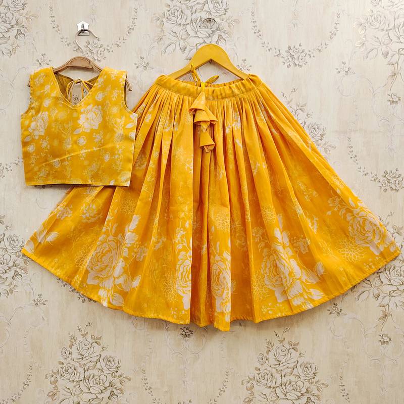 Yellow art silk woven kids lehenga choli