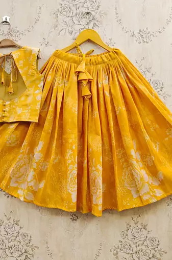 Yellow art silk woven kids lehenga choli