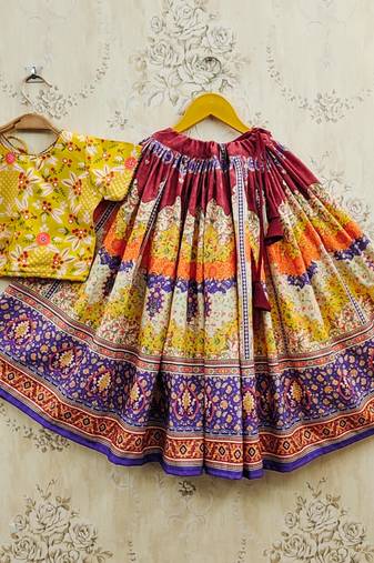 Yellow viscose rayon printed kids lehenga choli