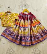 Yellow viscose rayon printed kids lehenga choli