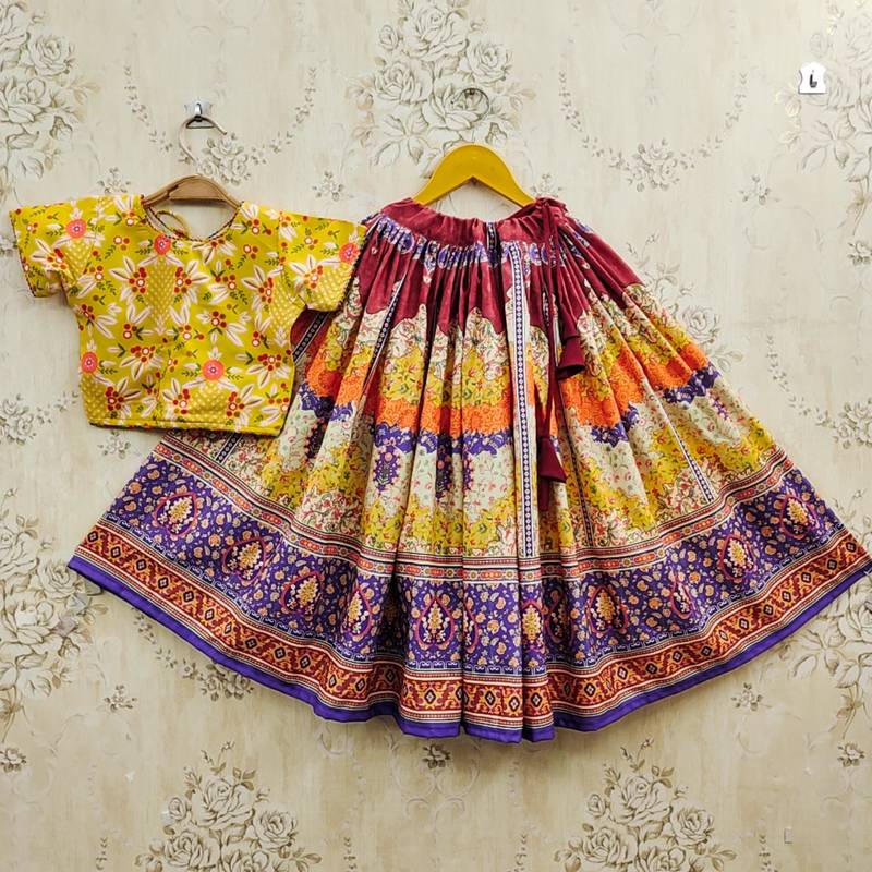Yellow viscose rayon printed kids lehenga choli