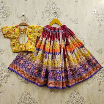 Yellow viscose rayon printed kids lehenga choli 2