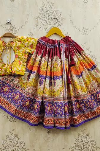 Yellow viscose rayon printed kids lehenga choli