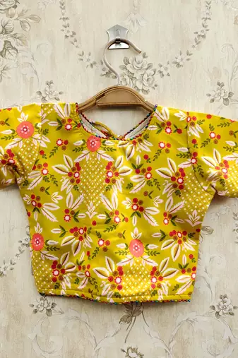 Yellow viscose rayon printed kids lehenga choli