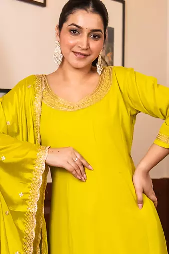 Yellow women kurta pant dupatta set