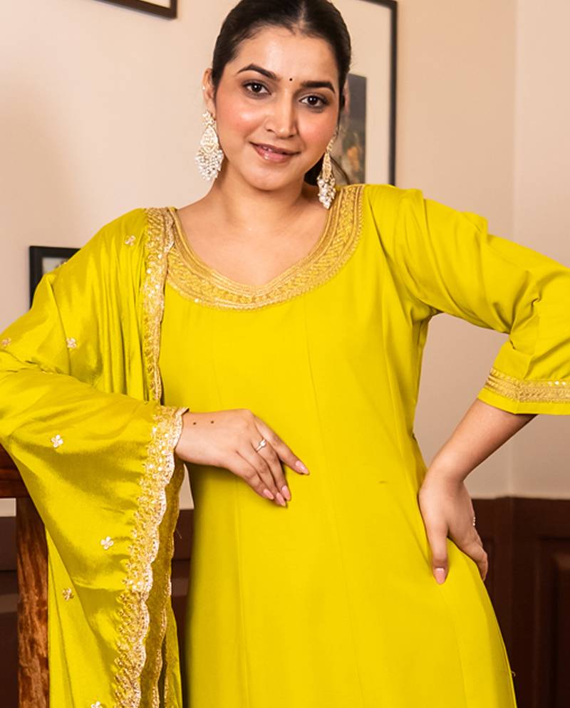 Yellow women kurta pant dupatta set