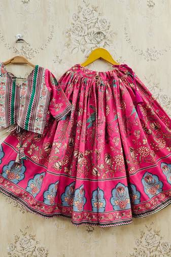 Pink viscose rayon printed kids lehenga choli