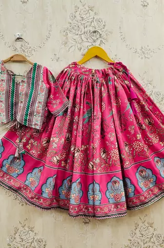 Pink viscose rayon printed kids lehenga choli