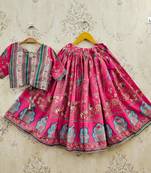 Pink viscose rayon printed kids lehenga choli