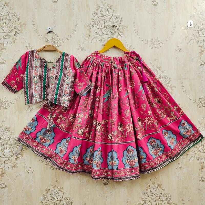 Pink viscose rayon printed kids lehenga choli