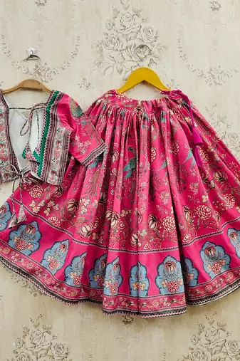Pink viscose rayon printed kids lehenga choli