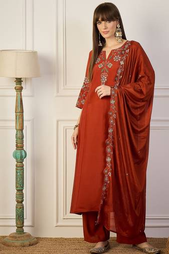 Red women kurta pant dupatta set
