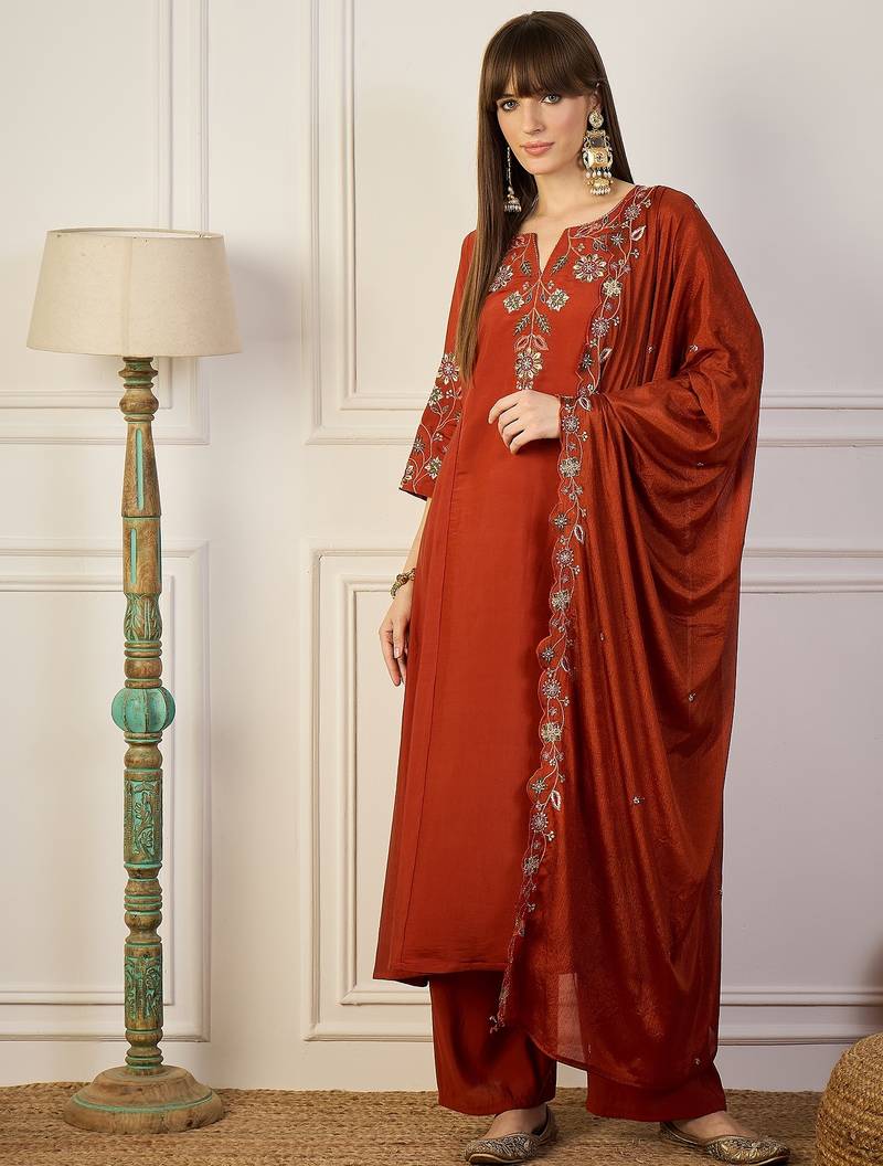 Red women kurta pant dupatta set