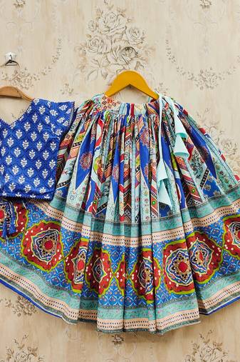 Blue viscose rayon printed kids lehenga choli