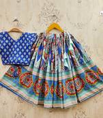 Blue viscose rayon printed kids lehenga choli