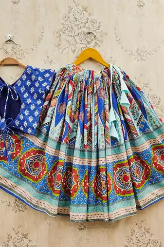 Blue viscose rayon printed kids lehenga choli
