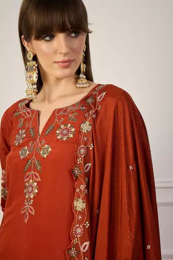 Red women kurta pant dupatta set