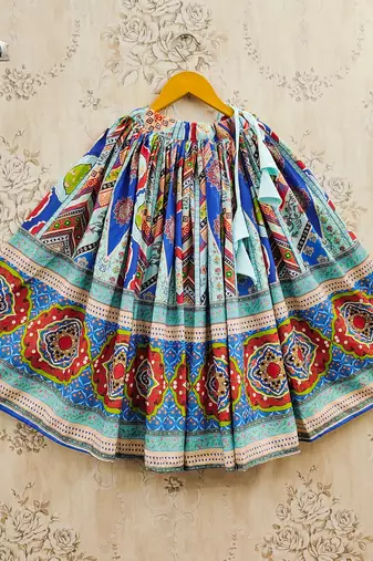 Blue viscose rayon printed kids lehenga choli