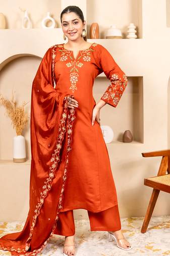 Orange women kurta pant dupatta set