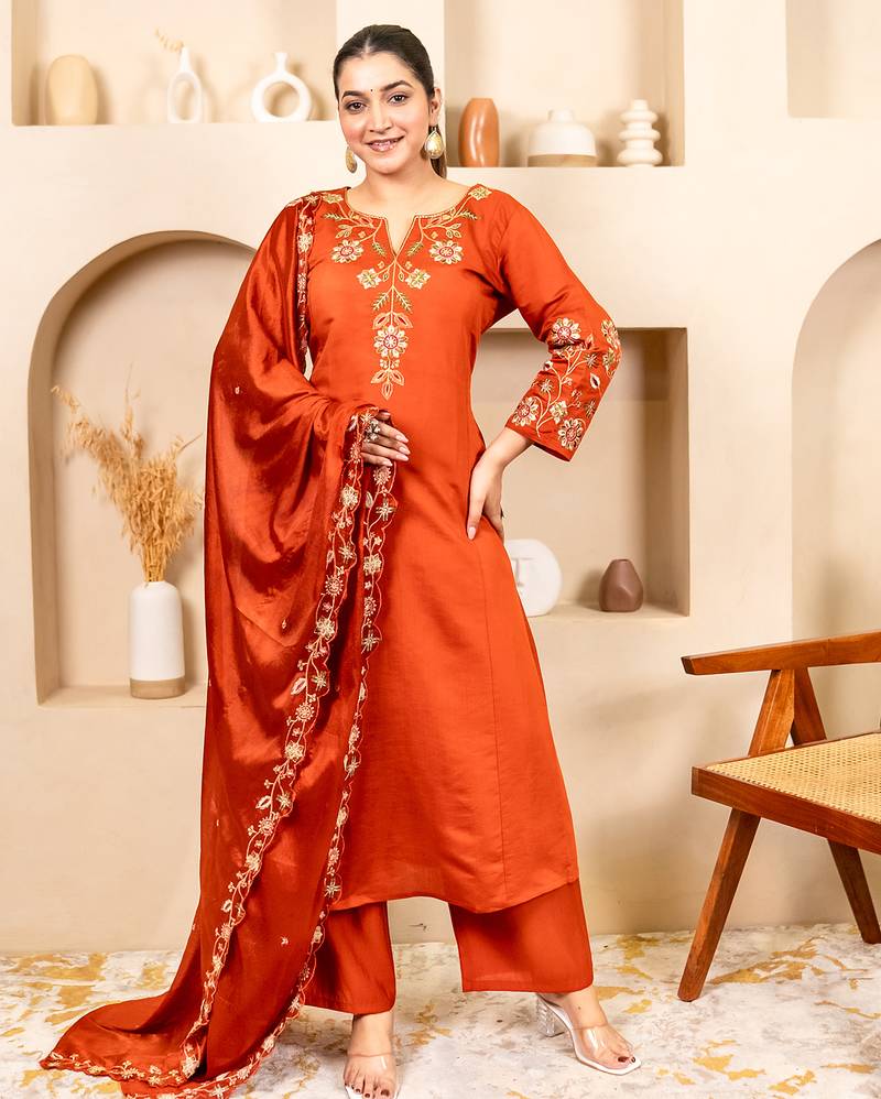 Orange women kurta pant dupatta set